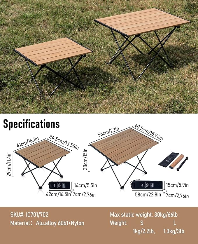 iClimb Ultralight Compact Camping Folding Table with Carry Bag (Nature - L)