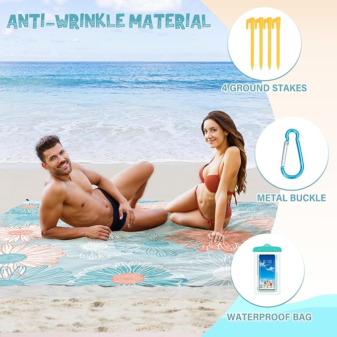 Beach Blanket Waterproof Sandproof 1-7 Adult Oversized 78 '' × 81 '' Lightweight Durable Compact Sand Free Beach Mat for Travel Camping Hiking Picnic Blanket Extra Large