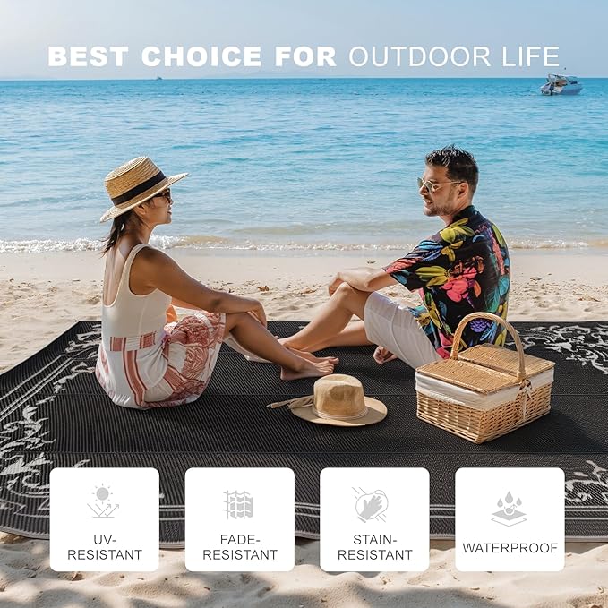 wikiwiki Outdoor Rug, 5x8ft Waterproof Reversible Mat Indoor Outdoor Rugs Carpet, Small Area Rug Plastic Straw Rug for Patio Deck Balcony Pool RV Camping Beach Picnic, Classic Black, Rugscape Series
