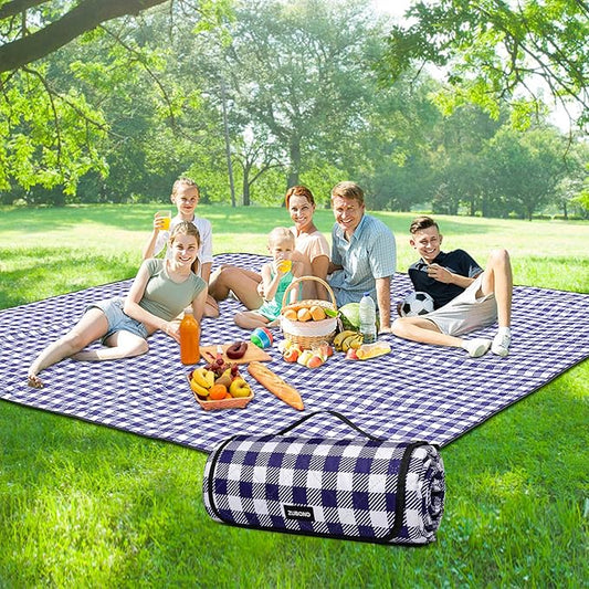 80''x100'' Extra Large Picnic Beach Blankets Waterproof Sandproof Foldable, Machine Washable Simple Stylish Gingham Outdoor Blankets Grass Lawn Park for Family Camping Party