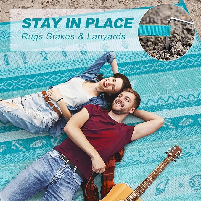 Lahome Outdoor Plastic Straw Rug, Reversible Outdoor Rug Waterproof 9x12 Rugs for Patio, RV Camping Rug Picnic Mat Outside Large Carpet for Beach Deck Backyard Balcony(Blue/Multi,9'x 12')