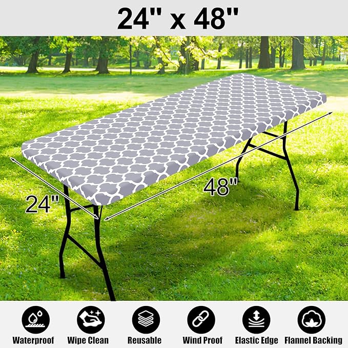 Smiry Rectangle Picnic Table Cover, Waterproof Elastic Fitted Camping Tablecloths for 4 Foot Tables, Wipeable Flannel Backed Vinyl Tablecloth Protector for Indoor, Outdoor (Grey, 24x48 Inches)