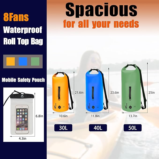 8 Fans Dry Bag Backpack Waterproof,30L Roll Top Bag with Phone Case, Perfect for Floating,Travel,Swimming,Boating,Kayaking,Camping,and Beach Activities(Air Release Valves, Orange)