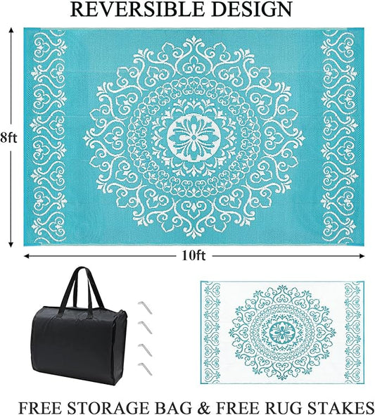 Pauwer Waterproof Outdoor Rug 8x10, Reversible Plastic Straw Patio Camping Rug, Indoor Outdoor RV Mat Carpet for Deck, Camper, Porch, Balcony, Backyard, Picnic, Floral Teal