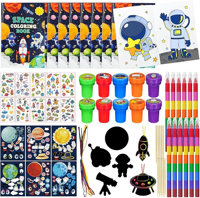 72 Pcs Outer Space Coloring Book with Crayons Party Favors,Space Astronaut Party Goodie Bags Fillers,Galaxy Planet Birthday Party Games Craft DIY Kit Magic Scratch Art Paper Tattoo for Rocket Pinatas