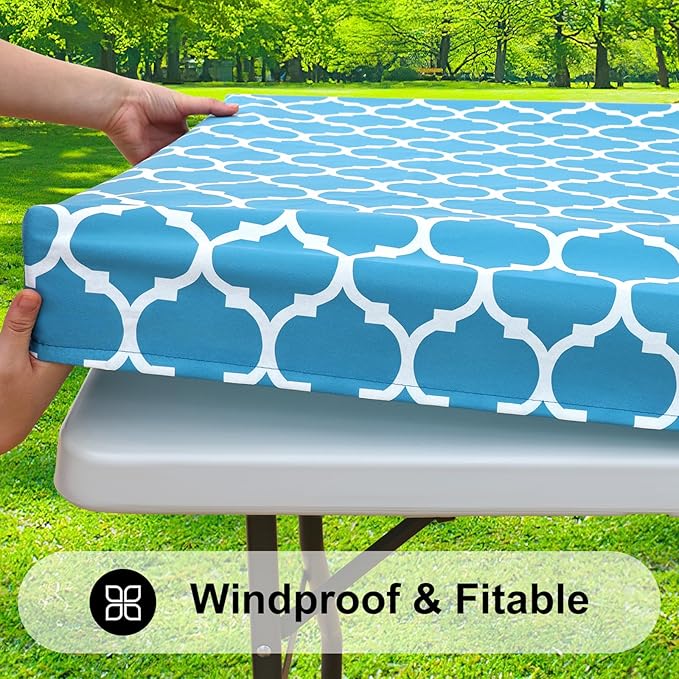 Smiry Rectangle Picnic Table Cover, Waterproof Elastic Fitted Camping Tablecloths for 5 Foot Tables, Wipeable Flannel Backed Vinyl Tablecloth Protector for Indoor, Outdoor (Light Blue, 30x60 Inches)