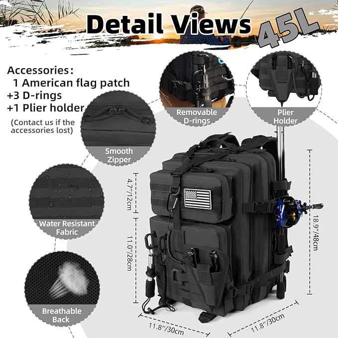 45l Large Fishing Tackle Backpack with Removable Plier Holder & Rod Holders, Black Tactical Bag, Fishing Gear and Tackle Box Organizer, Hiking Rucksack without Tackle Box