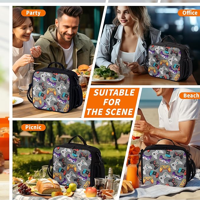 Game Colorful Lunch Bag Gray Gaming Lunch Boxes for Women/Man Office Work Travel School Work Picnic Durable Reusable Insulated Large Lunch Tote Bag with Adjustable Shoulder Strap