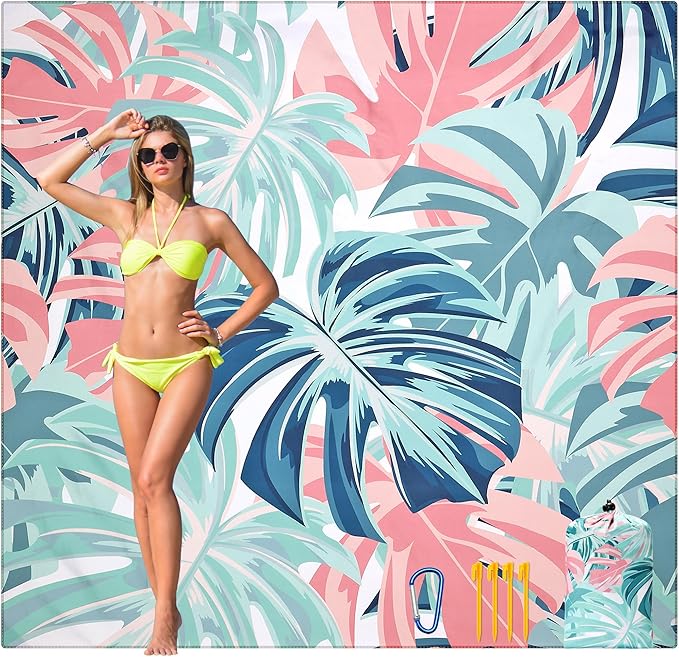 Beach Blanket Waterproof Sandproof Beach Mat for 1-8 Adults Quick Drying Durable Outdoor Picnic Mat for Beach Festival Travel Camping Hiking (Flamingoes-Palm, 79"×83"-4 Person)