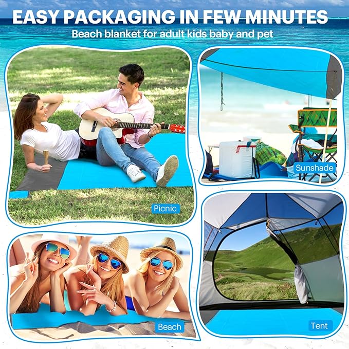 EASYFUN Beach Blanket Sandproof Oversized, 79''×83'' Extra Large Beach Mat, Portable Picnic Mat for Travel Camping Hiking, Lightweight Beach Essentials Family Water Resistant Mat Nylon 210T