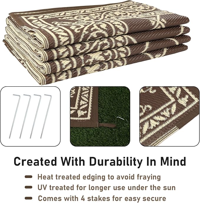 HiiARug Reversible Patio Floor Mat 5x8 Plastic Straw RV Camping Rug Reversible Large Mats for Outdoor, Patio, Backyard, Deck, Picnic, Beach, Trailer, Camping (Brown)