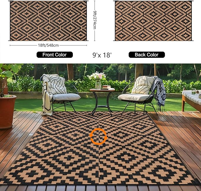 Outdoor Patio Plastic Straw Rug - 9'x18' Outdoor Camping Rug Waterproof Reversible, Area Carpet Patios Clearance RV, Outside Porch Balcony Deck for Camper, Black & Brown