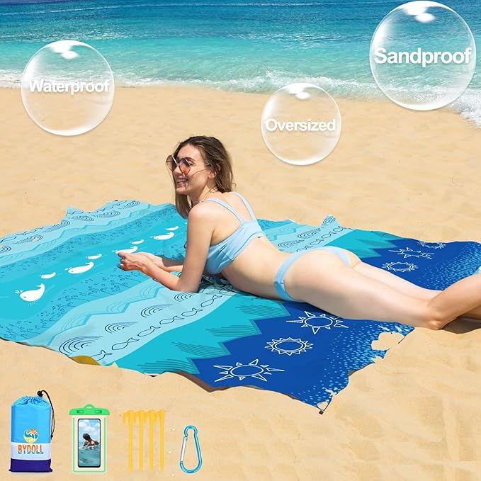 BYDOLL Beach Blanket 78''X81'' 4-7 Adults Oversized Lightweight Waterproof Sandproof Blanket for Beach Large Picnic Mat Travel Camping