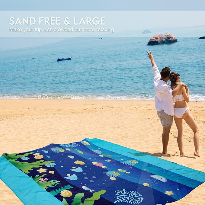 BYDOLL Beach Blanket Waterproof Sandproof 78''×81'' 1-7 Adults Oversized Lightweight Large Picnic Mat Waterproof Sandproof Blanket for Beach