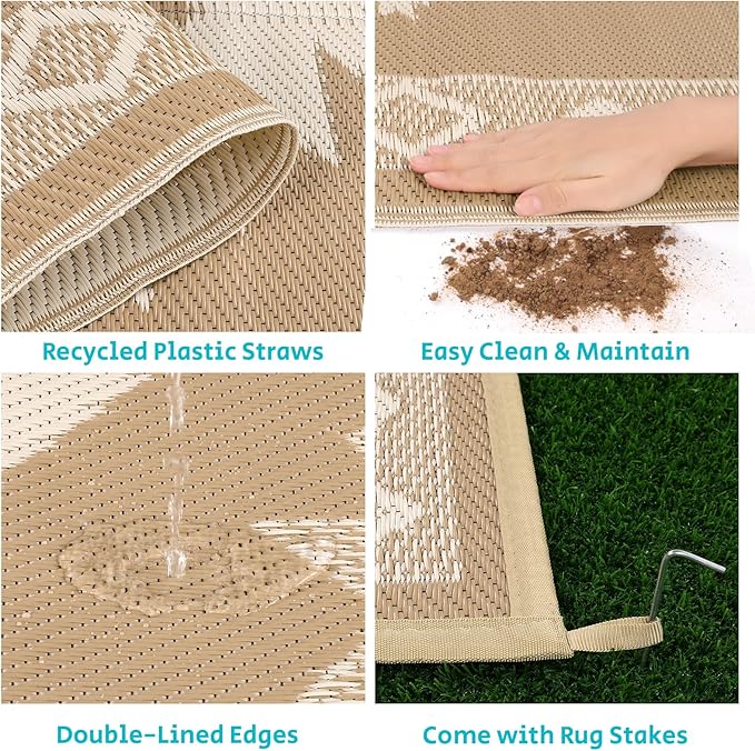 HEBE Outdoor Rug 6'x9' Waterproof for Patios Clearance, Reversible Plastic Straw Rug Camping Carpet, Indoor Outdoor Area Rugs Patio Mats for RV,Picnic,Backyard,Deck,Balcony,Porch