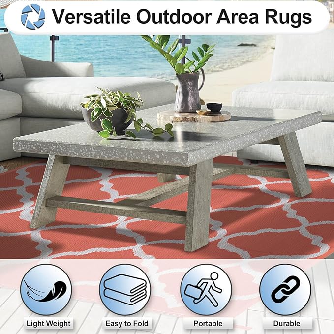 OutdoorLines Outdoor Plastic Area Rug for Patio 6x9 ft - Reversible Outside Carpet, Stain & UV Resistant RV Mats, Straw Rug for Camping, Deck Garden, Porch and Balcony, Moroccan/Orange & Light Grey