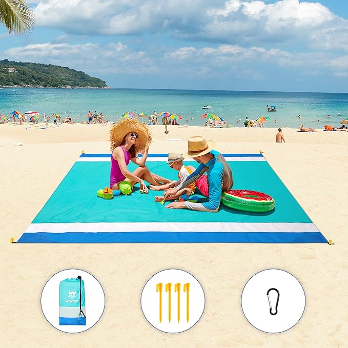 Beach Blanket Waterproof Sandproof Beach Mat 79" X 83" /10'x9'for 2-8 Adults Quick Drying Outdoor Picnic Mat Beach Accessories for Travel, Camping, Hiking