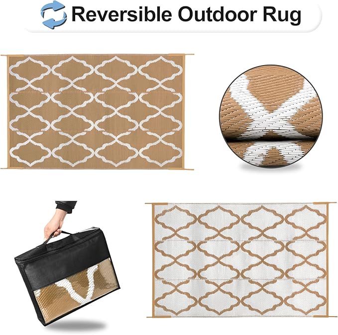 OutdoorLines Outdoor Plastic Area Rugs for Patio 6x9 ft - Reversible Outside Carpet, Stain & UV Resistant RV Mats, Straw Rug for Camping, Deck Garden, Porch and Balcony, Moroccan/Brown & Light Grey