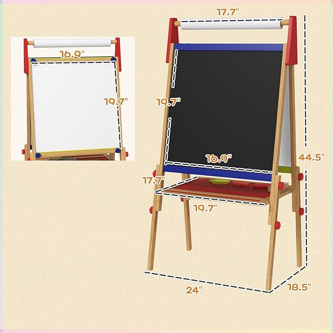 Qaba Easel for Kids, 3 in 1 Kids Art Easel with Paper Roll, Whiteboard, Chalkboard, Double Sided & Adjustable Height Wooden Toddler Easel with Painting Accessories, for Kids 3-8 Years, Nature Wood