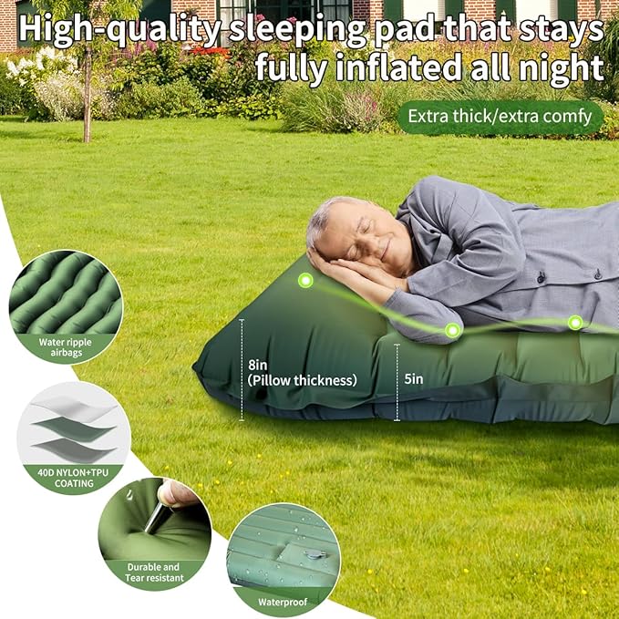Camping Sleeping Pad, Extra Thick 5 Inch Ultralight Sleeping Pad for Camping with Pillow Built-in Foot Pump Inflatable Sleeping Pads Compact for Camp Backpacking Hiking Traveling Tent