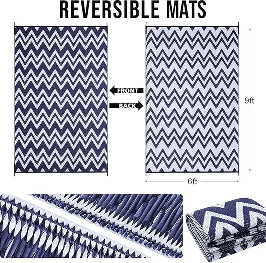 OLANLY Waterproof Outdoor Rug 6x9 ft Clearance, Reversible Outdoor Plastic Straw Rug, RV Mat, Indoor Outdoor Carpet for Patio, Camping, Balcony, Deck, Backyard, Navy & White