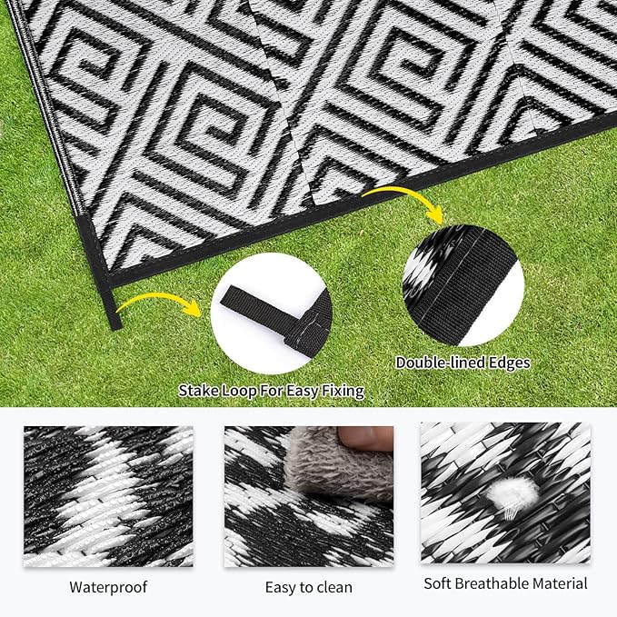 Outdoor Patio Plastic Straw Rug - 6'x9' Outdoor Camping Rug Waterproof Reversible, Area Carpet Patios Clearance RV, Outside Porch Balcony Deck for Camper, Stripe Black & White