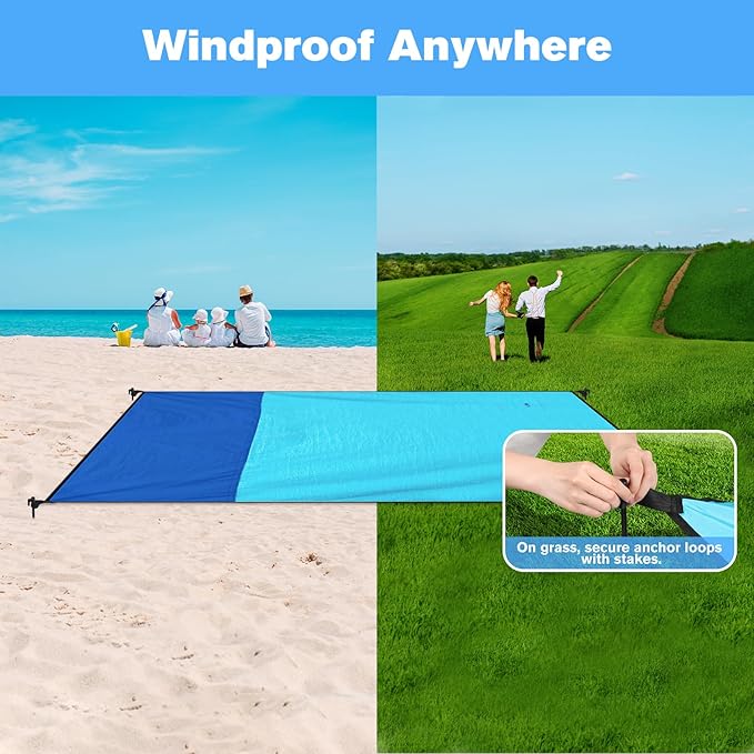 Beach Blanket Waterproof Sandproof Large Beach Mat 79" X 87", Quick Drying Durable Portable Lightweight Outdoor Nylon Picnic Blanket for Travel Camping Hiking, Blue