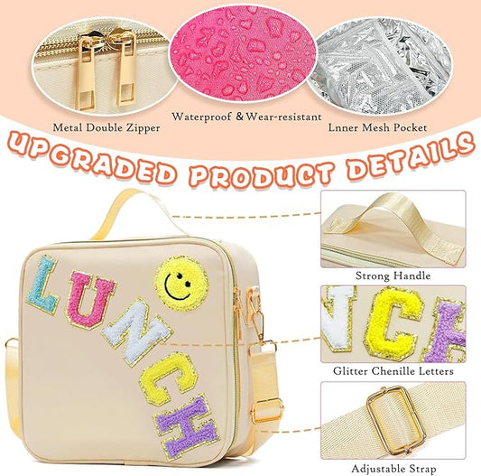 Insulated Lunch Bag Women Lunch Box Kids for Teen Girls Boys, Cute Preppy Lunch Boxes With Adjustable Shoulder Strap, Waterproof Nylon Lunchbox Lunch Bags for School Work Picnic (Beige)