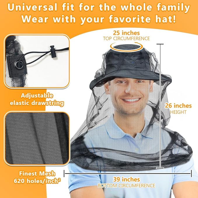 Mosquito Head Net for Insects, 4 Pack, Premium Bug Net for Head, Fly & Bug Protection | Ultra Large & Long, Finest Holes for Camping, Hiking, Fishing, Gardening, Fits All Hats for Men & Women