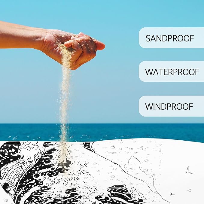 Beach Blanket, Large Sandproof & Waterproof Picnic Blankets, Quick Drying Sand Free Lightweight Beach Mat with 4 Stakes & Pockets for Outdoor Travel Camping Hiking Vacation Essentials - The Great Wave