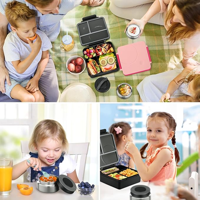 Bento Lunch Box Set for Kids with 8oz Soup Thermo, Leak-Proof Lunch Containers with 4 Compartment, Kids Thermo Hot Food Jar and Insulated Lunch Bag for Kid to School-Black