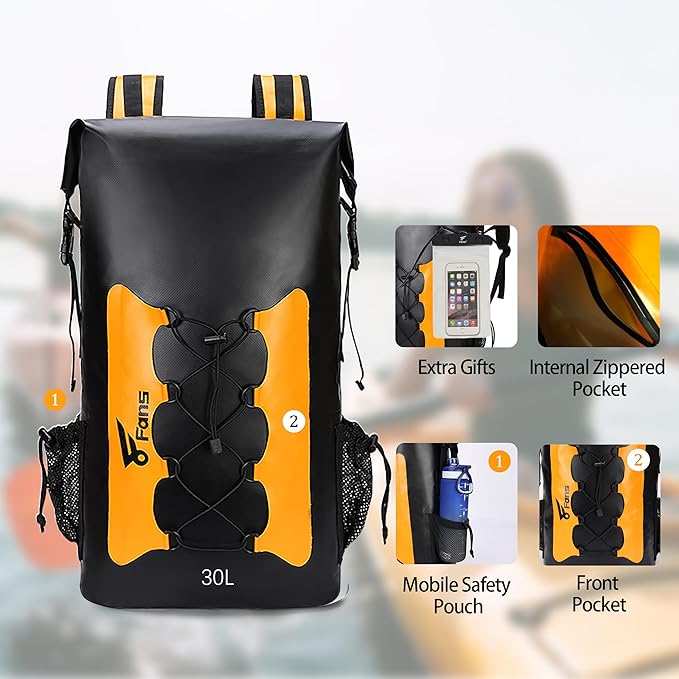 8 Fans Waterproof Backpack 30L,Floating Dry Bag with Phone Case,Roll Top Closure Waterproof Bag for Kayak Boating Sailing Canoeing Rafting Fishing Camping Orange