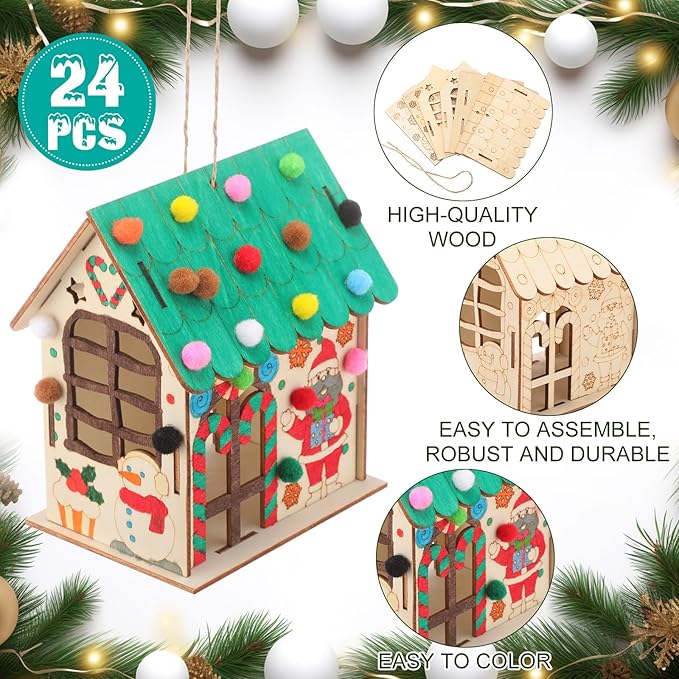 12 Pcs Wood Gingerbread House Craft Kit for Kids DIY Wooden Christmas Birdhouse Craft Kits Holiday Village Houses Make a Gingerbread Wooden House for Xmas Party Game Craft Supplies