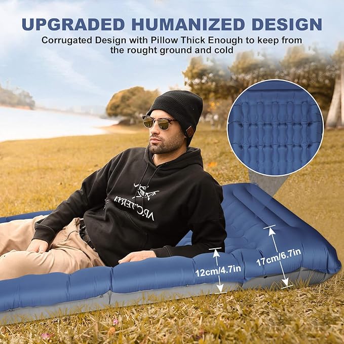 Camping Sleeping Pad with Pillow: Extra Thick 4.7 Inch Ultra-Light Self Inflating Airpad, Most Comfortable Inflatable Sleep Mattress with Foot Pump for Backpacking, Camp, Hiking, Tent (Navy Blue)