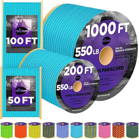 TECEUM Heavy Duty Rope 1000 – 1000ft / 200ft / 100ft / 50ft – 40+ Colors – Utility Rope for Survival & Camping Gear – Nylon String, Camping Rope, para Cord, Utility Nylon Rope, Tent Cord