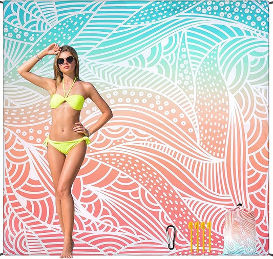 Beach Blanket Waterproof Sandproof Beach Mat 79”x 83” for 1-4 Adults Quick Drying Durable Outdoor Picnic Mat for Beach Festival Travel Camping Hiking (Gradiant P&GN-Ripple, 79"×83"(4 Person))