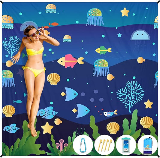 BYDOLL Beach Blanket Waterproof Sandproof 78''×81'' Suits1-4 Adults Compact Lightweight Oversized Sand-Free Blanket Large Picnic Mat for Beach Travel Camping Hiking