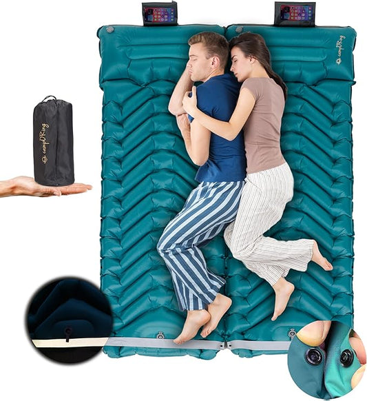 Double Sleeping Pad with Pillow, Self Inflating Extra-Thick, Ultralight Sleeping Mat, Built-in Pump, Ultimate for Camping, Hiking, Traveling, Airpad, Carry Bag, Compact & Lightweight Air Mattress