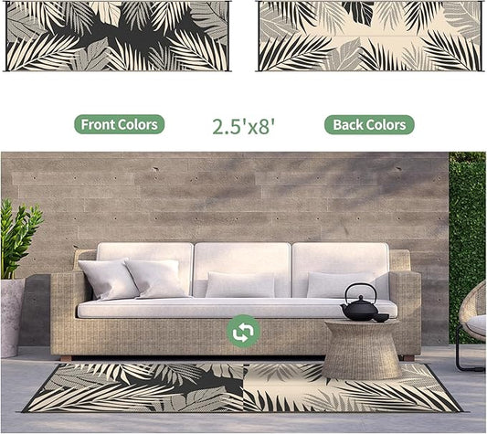GENIMO Outdoor Rug 2.5' x 8' Waterproof for Patios Clearance, Reversible Outdoor Plastic Straw Camping Rug Carpet, Large Area Rugs Mats for RV, Camper, Deck, Balcony, Porch, Beach, Black&Beige