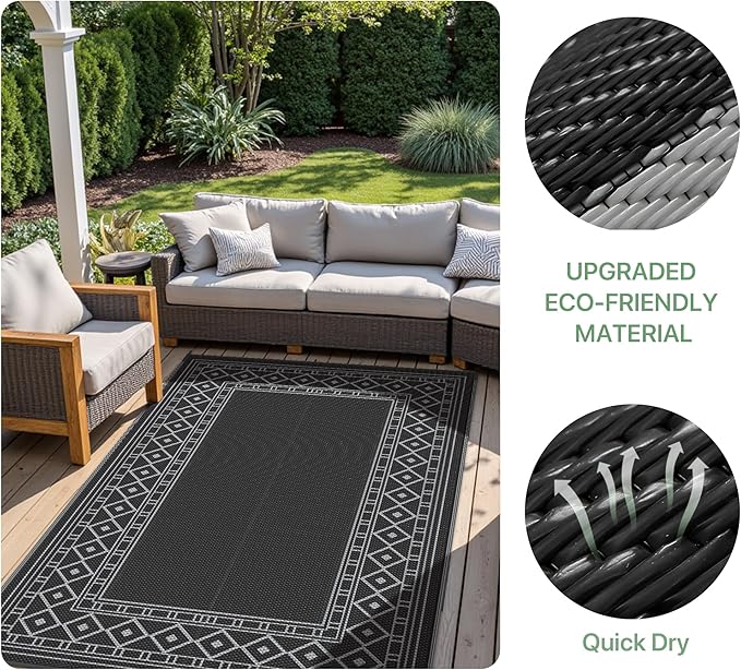 GENIMO Outdoor Rug 5'x8' Waterproof for Patio Decor, Reversible Outdoor Plastic Straw Rug Carpet, Camping Mats for Outdoor, RV, Backyard, Deck, Balcony, Picnic, Black & Grey