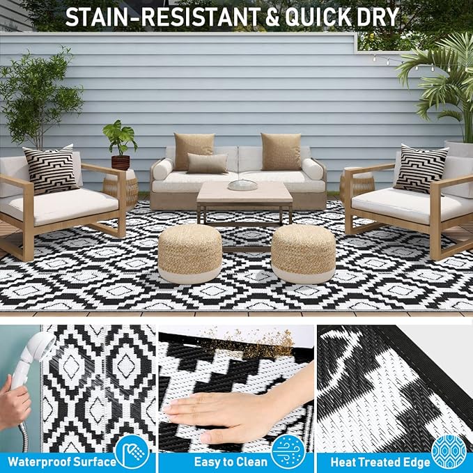 HIHEGD Outdoor Rug 9x12 for Patio Camping RV, Waterproof Reversible Mat, Plastic Straw Rug for Indoor Outdoor Patio Clearance, Porch, Deck, Backyard, Picnic (Black and White)