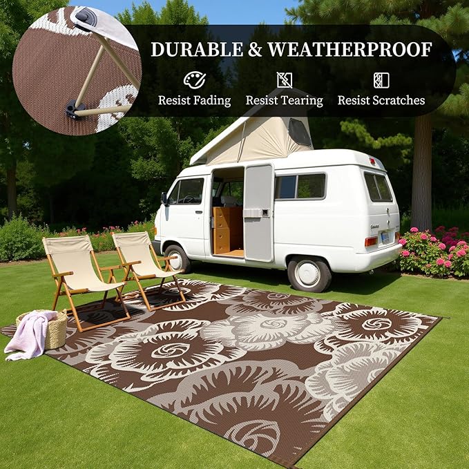 MontVoo Outdoor Rug 8x10 Waterproof Patio Rug-Outdoor Carpet Mat Reversible Plastic Straw Outside Outdoor Rug for RV Camping Picnic Beach Balcony Backyard Pool Deck Farmhouse Floral Beige Brown