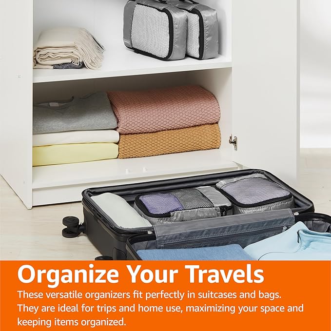 Amazon Basics Small Packing Cubes for Travel, Packing Organizers, 4-Piece-Set With Double Zipper Pulls and Mesh Top Panel, 100% Durable Polyester, Gray, 11"L x 6.8"W x 3"H