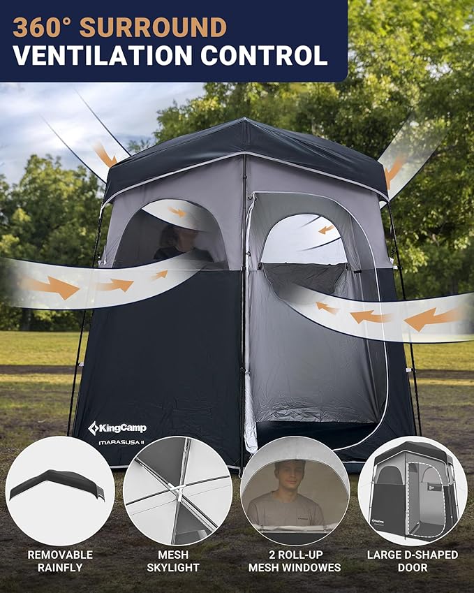 KingCamp Camping Shower Tent, Portable Outdoor Privacy Toilet & Changing Tent Windproof & Waterproof Easy Setup 1 or 2 Room Shelter with Shower Bag for Camping Hiking Beach