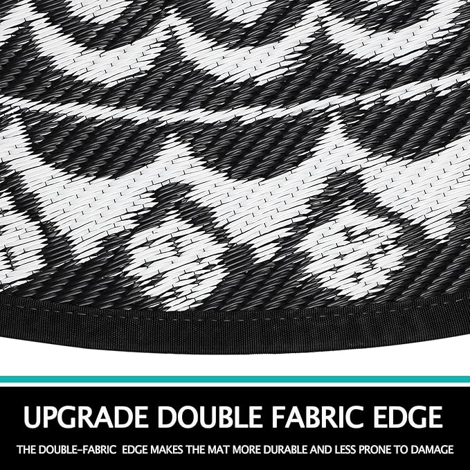 Capslpad 10Ft Round Outdoor Rug for Patio Reversible Mat Boho Circle Indoor Outside Area Rug Waterproof Plastic Straw Rug for RV Camping Picnic Pool Tent Beach Deck Balcony Doormats Decor, Black