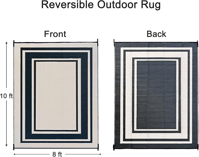 RURALITY Outdoor Rugs 8x10 Waterproof for Patios Clearance,Plastic Straw Mats for Backyard,Porch,Deck,Balcony,Reversible,Black and Beige