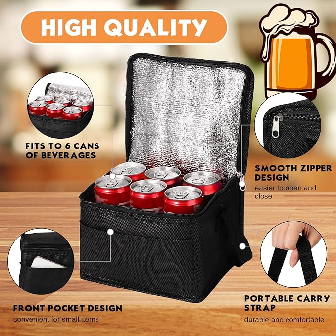 Amyhill 40 Pcs Insulated Lunch Bags Bulk Reusable Cooler Tote Bags Leakproof Thermal Lunch Box Waterproof Freezable Lunch Bag Beverage Bag with Strap for Men Women Office Work Picnic Beach (Black)