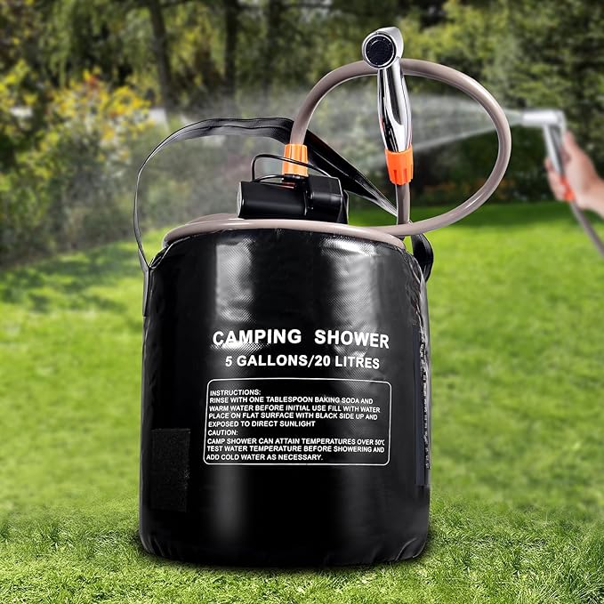 Portable camping shower,5 gallon/20 liter black PVC water bag,electric air pump,outdoor camping shower, solar water heater shower,built-in thermometer,beach,camping,hiking,outdoor shower ideal choice
