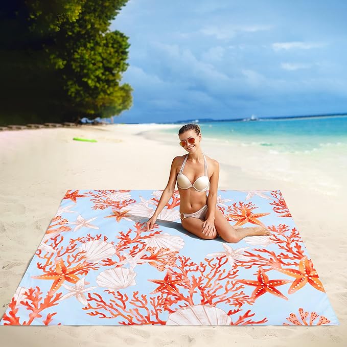 Beach Blanket Waterproof Sandproof, 9 Ft X 10 Ft Extra Large Sand Free Beach Mat, Big Compact Lightweight Quick Drying Picnic Blanket with 4 Stakes & Pockets for Camping, Travel, Hiking