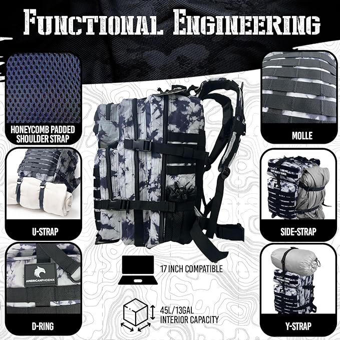 45L Elite Tactical Backpack | 3X Stronger Work & Military Backpack | Water Resistant and Heavy Duty | 3 Day MOLLE Bug Out Bag (Black Ice)